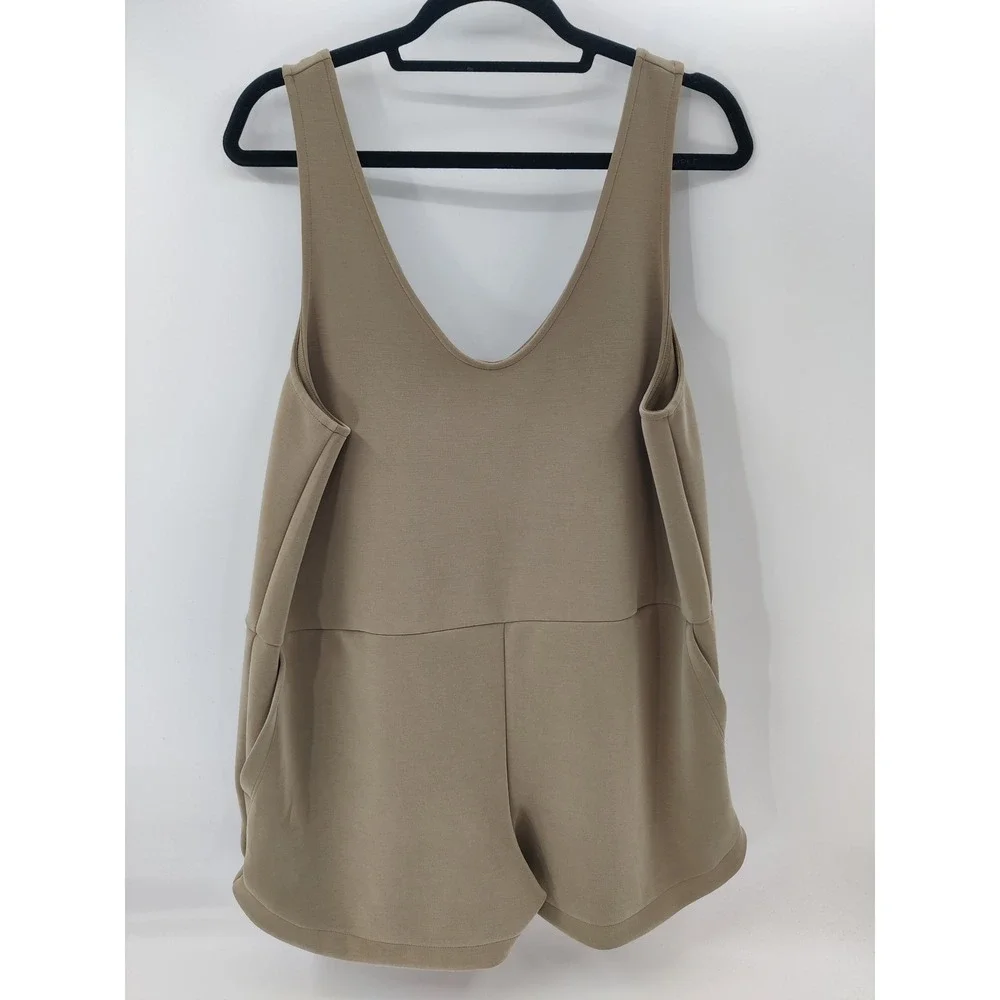 A New Day Women's Khaki Tan Basic V‎ Neck Shortall Jumpsuit Romper Size Large
